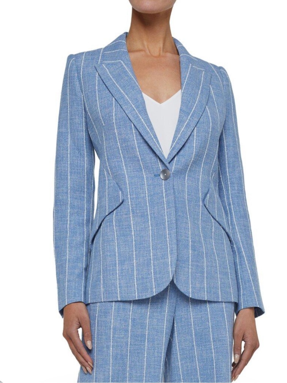 L’AGENCE CHAMBERLAIN LINEN-BLEND BLAZER IN BLUE PINSTRIPE SZ 18